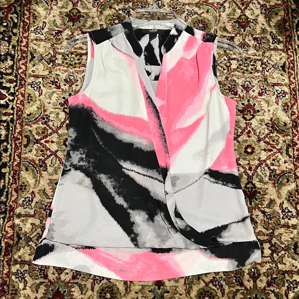 Alfani Pink Black White Abstract Sleeveless Faux-Wrap Blouse Petite Size 2P